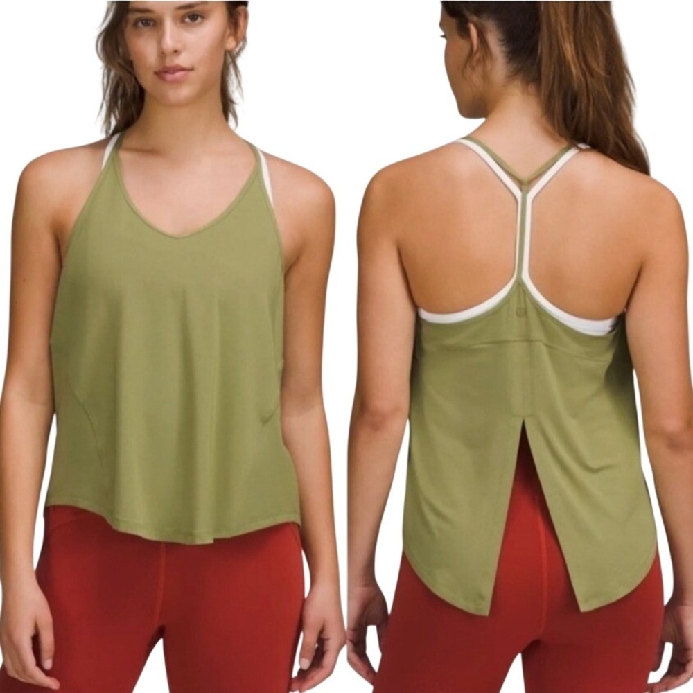 Lululemon Key to Balance Tank Top Green Silk Blend Split Back SIZE 2